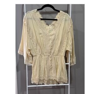 Southern Fried Chics Cream V-Neck Lace Trim Peasant Top 3/4 Sleeve L Boho